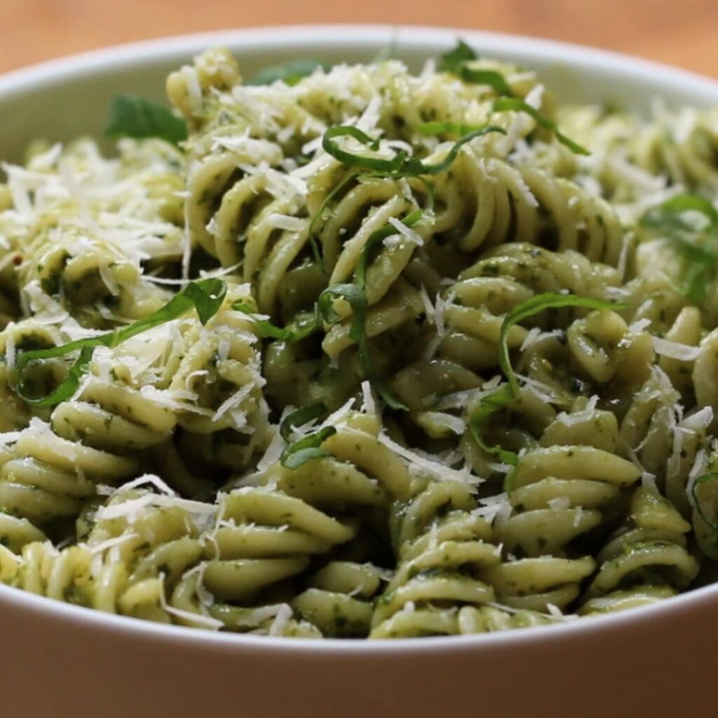 Fusilli pesto pasta with basil and olive oil