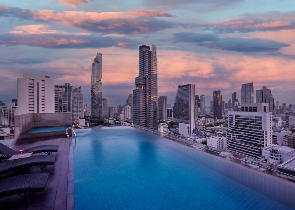 Bangkok skyline from family-friendly rooftop hotel