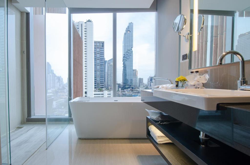 Bangkok skyline from family-friendly rooftop hotel